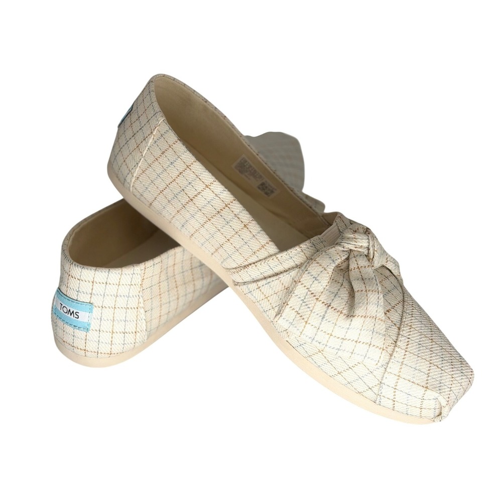 TOMS Alpargata Knot Cream Tan Plaid Canvas Bow Slip On Flats Shoes Size 10 NWOT